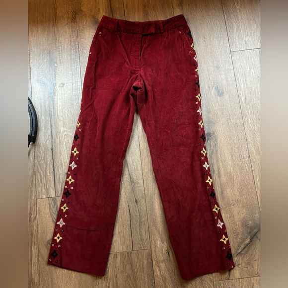 J. McLaughlin Red Maroon Corduroy Pants Star Embroidery Straight Leg Size 4 Boho - Picture 7 of 13